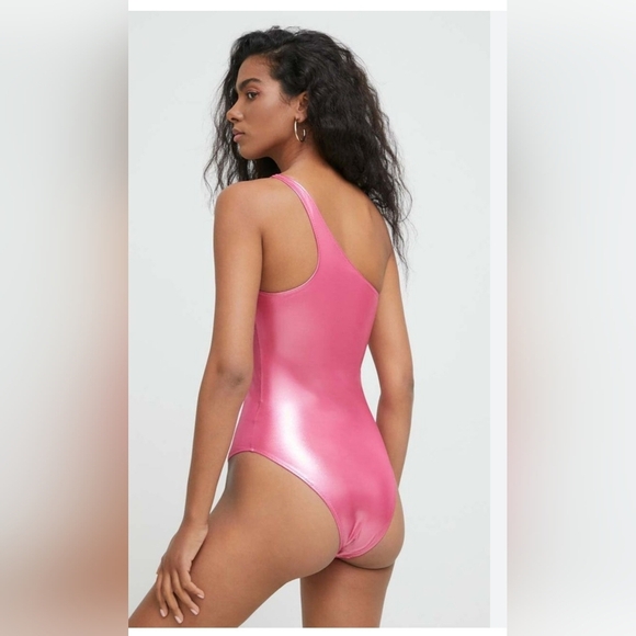 Kurt Geiger London kensington pink fuchsia metallic 1pc one shoulder swimsuit - Picture 2 of 6